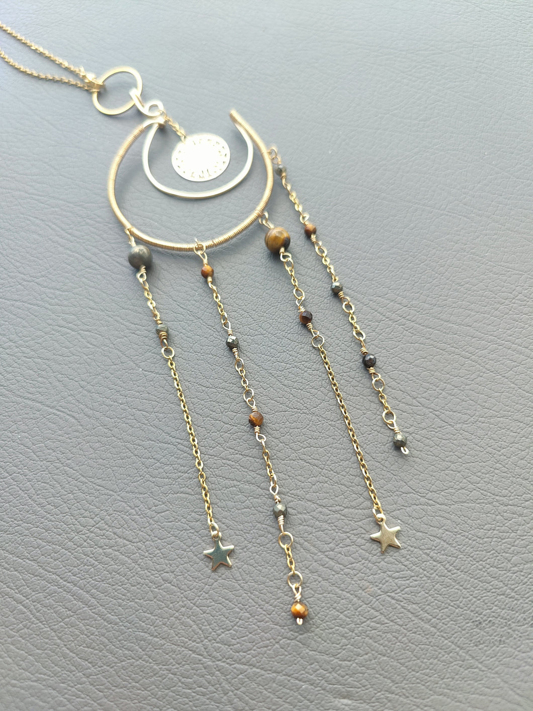 Suspension Lune • Pyrite et Œil de tigre