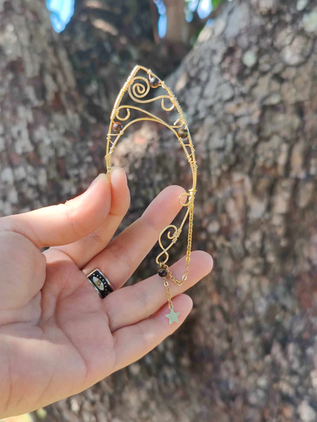Bijou d'oreille • Style Elfe en Œil de tigre